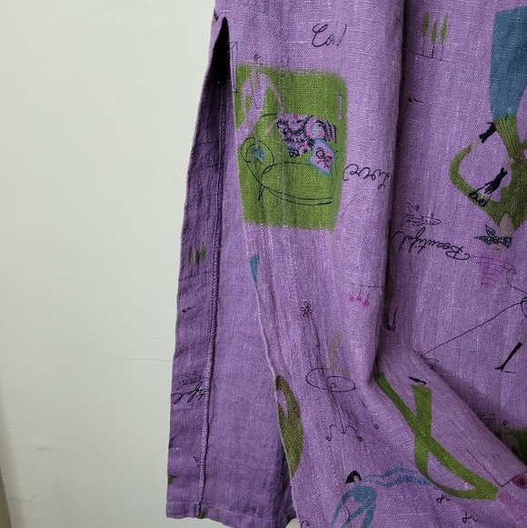 Vintage Tom Tom Linen Skirt L Artsy Cafe Print Straight Midi 90s USA - Picture 7 of 9